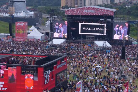 Photo for Wallows band Performs at Lollapalooza 2023 Musical Show in Brazil. March 25, 2023, Sao Paulo, Brazil: Wallows performed live on Budweiser stage at the 10th edition of Lollapalooza 2023 in Sao Paulo, Brazil, on Saturday (25) - Royalty Free Image