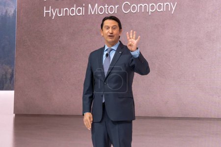 Photo for The New York International Auto Show 2023. April 05, 2023, New York, New York, USA: Jose Munoz, global president and COO of Hyundai Motor Company and the president and CEO of Hyundai and Genesis Motor North America - Royalty Free Image