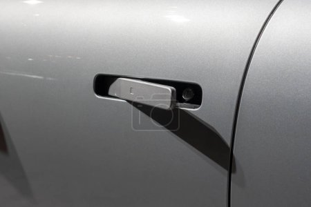 Photo for The New York International Auto Show 2023. April 05, 2023, New York, New York, USA: The Hyundai IONIQ 6 door handle detail seen at the International Auto Show press preview at the Jacob Javits Convention Center on April 5, 2023 in New York City - Royalty Free Image