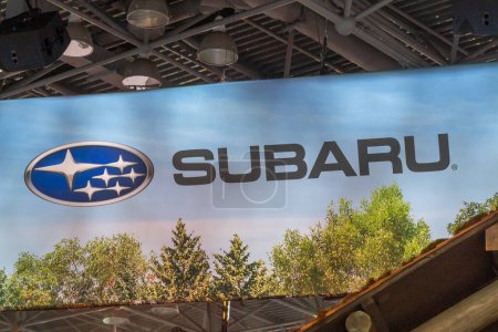 Photo for The New York International Auto Show 2023. April 05, 2023, New York, New York, USA: The Subaru logo and name seen at the International Auto Show press preview at the Jacob Javits Convention Center on April 5, 2023 in New York City. - Royalty Free Image