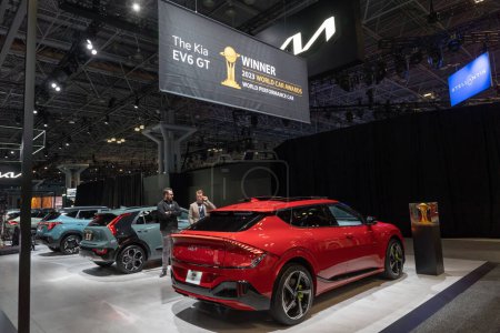 Photo for The New York International Auto Show 2023. April 05, 2023, New York, New York, USA: 2023 World Performance Car winner Kia EV6 GT seen at the International Auto Show press preview at the Jacob Javits Convention Center on April 5, 2023 in New York - Royalty Free Image