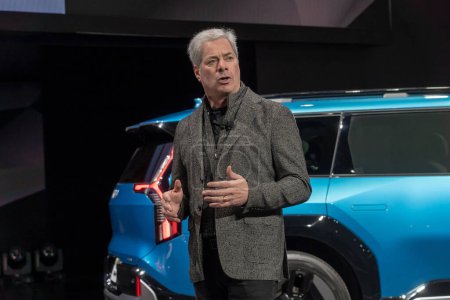 Photo for The New York International Auto Show 2023. April 05, 2023, New York, New York, USA: Russell Wager speaks at the Kia presentation at the International Auto Show press preview at the Jacob Javits Convention Center on April 5, 2023 in New York - Royalty Free Image