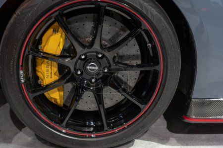 Photo for The New York International Auto Show 2023. April 05, 2023, New York, New York, USA: A racing Nissan GT-R, brake detail, seen at the International Auto Show press preview at the Jacob Javits Convention Center on April 5, 2023 in New York City. - Royalty Free Image