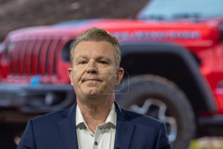 Photo for The New York International Auto Show 2023. April 05, 2023, New York, New York, USA: Stellantis Global CEO of the Jeep Brand Christian Meunier speaks at the Jeep presentation at the International Auto Show press preview - Royalty Free Image