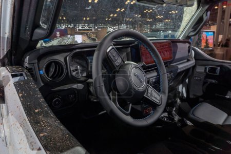 Photo for The New York International Auto Show 2023. April 05, 2023, New York, New York, USA: The new 2024 Jeep Wrangler Rubicon 4xe, Car Cockpit detail, seen at the International Auto Show press preview at the Jacob Javits Convention Center - Royalty Free Image