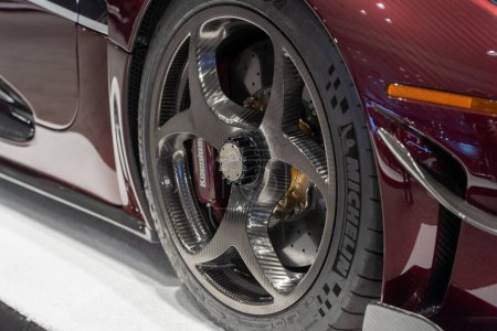 Photo for The New York International Auto Show 2023. April 05, 2023, New York, New York, USA: A Koenigsegg, wheel detail, seen at the International Auto Show press preview at the Jacob Javits Convention Center on April 5, 2023 in New York City. - Royalty Free Image
