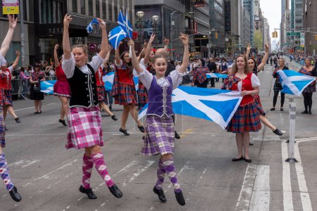 Photo for 25th Annual New York City Tartan Day Parade. April 15, 2023, New York, New York, USA: Dancers from the Gordon School of Dancing (Montrose, Angus, Scotland) perform at the 25th Annual Tartan Day Parade in Manhattan on April 15, 2023 in New York - Royalty Free Image
