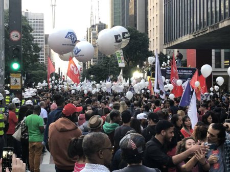 Photo for Teachers Protest in Sao Paulo. April 26, 2023, Sao Paulo, Brazil: Apeoesp (Union of Official Education Teachers in the Sao Paulo State ) marked the adherence of teachers from the state education network to the national education strike - Royalty Free Image
