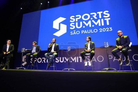Photo for Sports Summit Sao Paulo 2023 on South American Soccer. April 27, 2023, Sao Paulo, Brazil: Juan Pablo Pareja - General Manager, Universidad Catolica; Santiago Morales - General Manager, Independiente del Valle; Francisco Clemente - Royalty Free Image