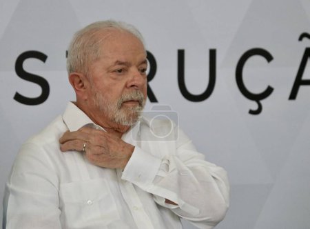 Photo for Ceremony at the Planalto Palace and the Bill to Readjust Public Servants. April 28, 2023. Brasilia, Federal District, Brazil: The President of the Republic of Brazil, Luiz Inacio Lula da Silva, at an event to sanction the Bill (PL) - Royalty Free Image
