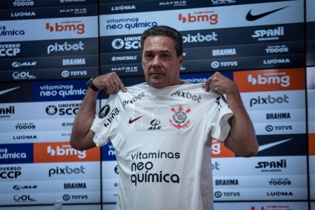 Photo for Press Conference of New Coach Vanderlei Luxemburgo. May 05, 2023, Sao Paulo, Brazil: Press conference of new coach Vanderlei Luxemburgo of Corinthians, at CT Joaquim Grava, in the east zone of Sao Paulo. - Royalty Free Image