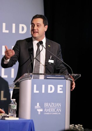 Photo for LIDE BRAZIL INVESTMENT FORUM. May 09, 2023, Brazil: The president of Brazilian Chamber of Deputies, Arthur Lira, discusses opportunities for Brazil with a delegation composed of senators, governors, federal deputies - Royalty Free Image