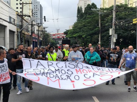 Photo for Manifestation of Casa Foundation Employees in Sao Paulo. May 10, 2023. Sao Paulo, Brazil: Socio-educational workers held a large protest in Complexo do Bras, marched to the Court of Justice (Bras forum) - Royalty Free Image