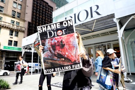 Foto de Protesta contra la venta de pieles en la tienda Dior. 13 de mayo de 2023, Nueva York, Estados Unidos: Un grupo de ambientalistas protesta contra la venta de pieles frente a la tienda Dior en la calle 49 con la 5ª Avenida, en Nueva York. - Imagen libre de derechos