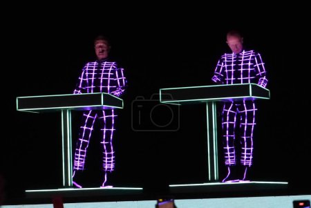 Photo for German Kraftwerk performed at C6 Music Fest in Sao Paulo. May 20, 2023, Sao Paulo, Brazil: The German quartet Kraftwerk performed in the external arena of the Ibirapuera Auditorium in Sao Paulo, on the second night of C6 Music Fest - Royalty Free Image