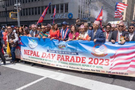 Photo for Nepal Day Parade 2023. May 21, 2023, New York, New York, USA: New York City Mayor Eric Adams, Congresswoman Grace Meng and other elected officials march at the New York City Nepal Day Parade on Madison Avenue on May 21, 2023 in New York City. - Royalty Free Image