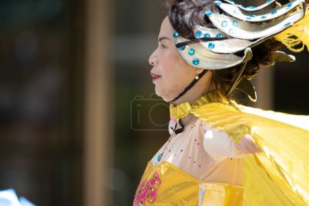 Photo for Head dress of an Asian women at the second annual AAPI Parade on Sixth Avenue (Avenue of the Americas). May 21, 2023. New York, USA The Asian American and Pacific Islander (AAPI) Cultural and Heritage Parade - Royalty Free Image