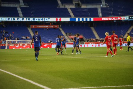 Photo for Lamar Hunt US Open Cup match between NY Red Bulls and Cincinnati. May 23, 2023. New Jersey, USA: Cincinnati player Kubo scores and celebrates his goal in a soccer match against NY Red Bulls, for Lamar Hunt U.S. Open Cup at Red Bull Arena - Royalty Free Image