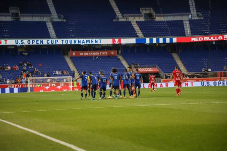 Photo for Lamar Hunt US Open Cup match between NY Red Bulls and Cincinnati. May 23, 2023. New Jersey, USA: Cincinnati player Kubo scores and celebrates his goal in a soccer match against NY Red Bulls, for Lamar Hunt U.S. Open Cup at Red Bull Arena - Royalty Free Image