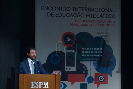 Photo for International Meeting of Media Education in Sao Paulo. May 25, 2023. Sao Paulo, Brazil: Joao Brant National Secretary for Digital Policies of SECOM of the Presidency of the Republic, participated in the International Meeting - Royalty Free Image