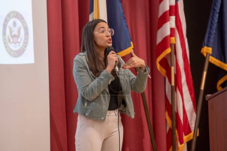Photo for Alexandria Ocasio-Cortez Town Hall. May 26, 2023, New York, New York, USA: U.S. Representative Alexandria Ocasio-Cortez speaks at a town hall meeting at the Corona Arts and Sciences Academy on May 26, 2003 in the Queens borough of New York City - Royalty Free Image