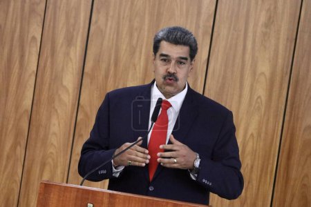 Téléchargez les photos : Conférence de presse avec Maduro, Président du Venezuela. 29 mai 2023, Brasilia, District fédéral, Brésil : Le Président du Venezuela, Nicolas Maduro, lors d'une conférence de presse aux côtés du Président du Brésil, Luiz Inacio Lula da Silva - en image libre de droit