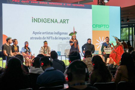 Photo for Panel on how NFTS can help preserve indigenous culture during NFT Brazil. June 2, 2023. Sao Paulo, Brazil: Panel on how NFTS can help preserve indigenous culture during NFT Brazil at the Ibirapuera Biennial, south of Sao Paulo, on Friday (02). - Royalty Free Image