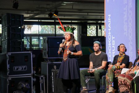 Photo for Panel on how NFTS can help preserve indigenous culture during NFT Brazil. June 2, 2023. Sao Paulo, Brazil: Panel on how NFTS can help preserve indigenous culture during NFT Brazil at the Ibirapuera Biennial, south of Sao Paulo, on Friday (02). - Royalty Free Image