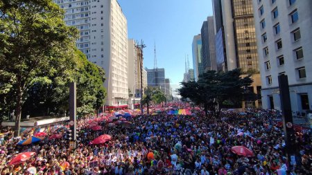 Photo for Sao Paulo (SP), 06/11/2023 - LGBTQIA+ PARADE/PRIDE - Movement of the public during the 27th LGBTQIA+ Pride Parade, with concentration on Avenida Paulista, in downtown Sao Paulo, this Sunday, June 11, 2023 - Royalty Free Image