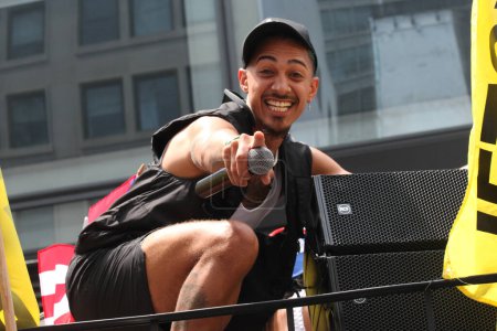 Photo for Justin Silva at National Puerto Rican Day Parade. June 11, 2023, New York, USA: Stand up comedian, Actor and TikToker, Justin Silva, born and raised in New Haven, Connecticut, participates in The National Puerto Rican Day Parade - Royalty Free Image