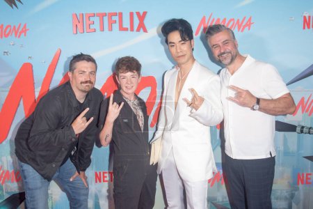 Photo for Netflix's Nimona New York Screening. June 24, 2023, New York, New York, USA: (L-R) Nick Bruno, ND Stevenson, Eugene Lee Yang and Troy Quane attend the New York Screening of Netflix's Nimona at AMC Lincoln Square - Royalty Free Image
