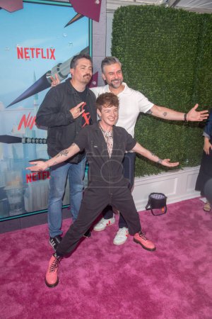 Photo for Netflix's Nimona New York Screening. June 24, 2023, New York, New York, USA: (L-R) Nick Bruno, ND Stevenson and Troy Quane attend the New York Screening of Netflix's Nimona at AMC Lincoln Square Theater - Royalty Free Image