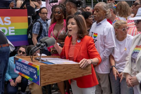 Photo for 2023 New York City Pride March. June 25, 2023, New York, New York, USA: New York Governor Kathy Hochul speaks to members of the media during a signing a legislation establishing the Empire State as a Safe Haven for Trans Youth - Royalty Free Image