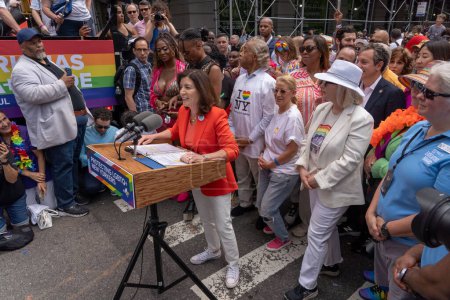 Photo for 2023 New York City Pride March. June 25, 2023, New York, New York, USA: New York Governor Kathy Hochul speaks to members of the media during a signing a legislation establishing the Empire State as a Safe Haven for Trans Youth - Royalty Free Image