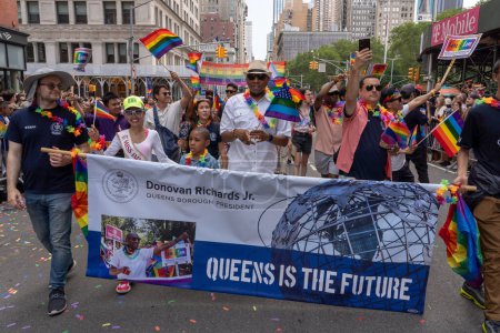 Photo for 2023 New York City Pride March. June 25, 2023, New York, New York, USA: Queens Borough President Donovan Richards Jr. (C) participates in the annual New York City Pride Parade on June 25, 2023 in New York City. - Royalty Free Image