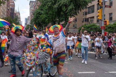Photo for 2023 New York City Pride March. June 25, 2023, New York, New York, USA: People with a rainbow flags signs and banner participate in the annual New York City Pride Parade on June 25, 2023 in New York City. - Royalty Free Image
