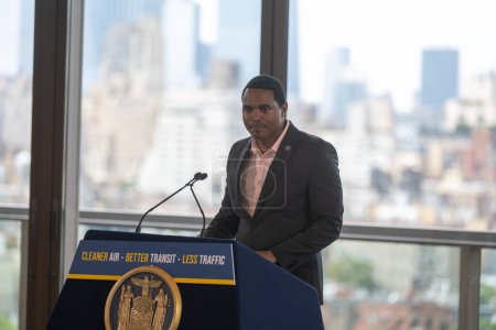 Photo for Governor Hochul Announces First-In-Nation Congestion Pricing Will Move Forward. June 27, 2023, New York, New York, USA: U.S. Representative Ritchie Torres speaks during Governor Hochul&#39;s announcement on first-in-nation congestion pricing - Royalty Free Image