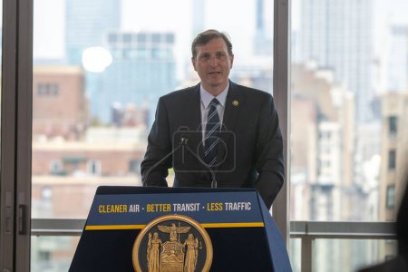 Photo for Governor Hochul Announces First-In-Nation Congestion Pricing Will Move Forward. June 27, 2023, New York, New York, USA: U.S. Representative Dan Goldman speaks during Governor Hochul&#39;s announcement on first-in-nation congestion pricing - Royalty Free Image