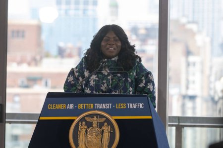 Photo for Governor Hochul Announces First-In-Nation Congestion Pricing Will Move Forward. June 27, 2023, New York, New York, USA: Danna Dennis speaks during Governor Hochul&#39;s announcement on first-in-nation congestion pricing moving forward - Royalty Free Image