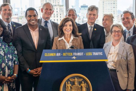 Photo for Governor Hochul Announces First-In-Nation Congestion Pricing Will Move Forward. June 27, 2023, New York, New York, USA: New York State Governor Kathy Hochul (C) and local politicians pose after announcement on first-in-nation congestion - Royalty Free Image