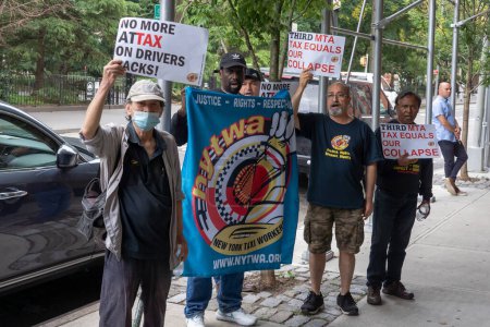 Photo for Governor Hochul Announces First-In-Nation Congestion Pricing Will Move Forward. June 27, 2023, New York, New York, USA: New York Taxi Workers protest outside during Governor Hochul&#39;s announcement on first-in-nation congestion pricing moving - Royalty Free Image