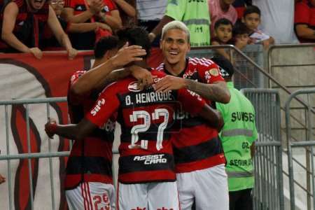 Photo for Rio de Janeiro (RJ), Brazil 06/28/2023 - Vitor Hugo of Flamengo scores and celebrates his goal in a match between Flamengo and Aucas, valid for the group stages, round 6 of the Libertadores of America 2023 - Royalty Free Image