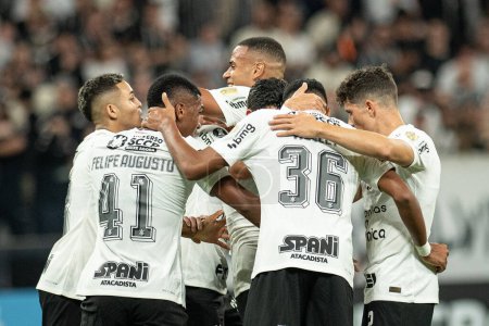 Photo for Sao Paulo (SP), Brazil 06/28/2023 - Mateus Araujo celebrates his goal with teammates in a match between Corinthians and Liverpool (URU), valid for the 6th round of the group stage of Conmebol Libertadores 2023 - Royalty Free Image