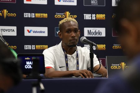 Photo for Concacaf Gold Cup: Press Conference EL Martinica. June 29, 2023, Harison, New Jersey, USA: Press Conference with Coach Marc Collat is player Daniel Herrele before the match against Panama, for Round 2 of the Concacaf Gold Cup at Red Bull Arena - Royalty Free Image