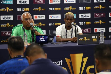 Photo for Concacaf Gold Cup: Press Conference EL Martinica. June 29, 2023, Harison, New Jersey, USA: Press Conference with Coach Marc Collat is player Daniel Herrele before the match against Panama, for Round 2 of the Concacaf Gold Cup at Red Bull Arena - Royalty Free Image