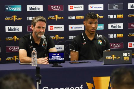 Photo for (SPO) Concacaf Gold Cup: Press Conference Panama. June 29, 2023, Harison, New Jersey, USA: Press Conference with Coach Thomas Christiansen is player Eric Davis before the match against Martinica for Round 2 of the Concacaf Gold Cup at Red Bull Arena - Royalty Free Image