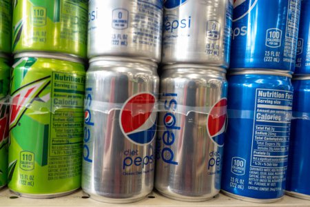 Photo for (NEW) Artificial Sweetener Aspartame Possible Carcinogen. June 30, 2023, New York, New York, USA: Cans of Diet Coke carbonated diet drinks on a retail shelf on June 30, 2023 in New York City. - Royalty Free Image