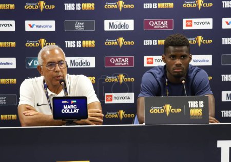 Photo for (SPO) Concacaf Gold Cup: Press Conference Martinica. July, 03, 2023, Harrison, New Jersey, USA: Press Conference with Coach Marc Collat and player Florent Poulolo before the match against Costa Rica, for Round 3 of the Concacaf Gold Cup - Royalty Free Image