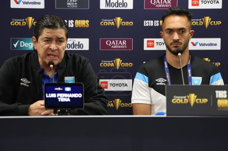 Photo for (SPO) Concacaf Gold Cup: Press Conference Guatemala. July, 03, 2023, Harrison, New Jersey, USA: Press Conference with Coach Luis Fernando Tena and player Ricardo Jerez before the match against Guadalupe, for Round 3 of the Concacaf Gold Cup - Royalty Free Image