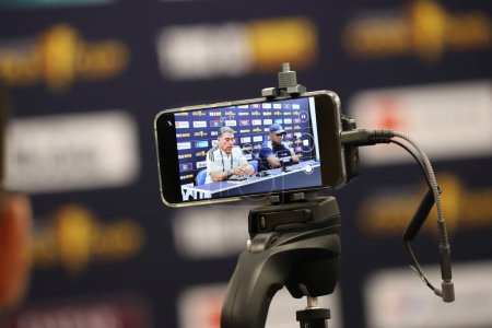 Photo for (SPO) Concacaf Gold Cup: Press Conference Costa Rica. July, 03, 2023, Harrison, New Jersey, USA: Press Conference with Coach Luis Fernando Suarez and player Joel Campbell before the match against Martinica, for Round 3 of the Concacaf Gold Cup - Royalty Free Image